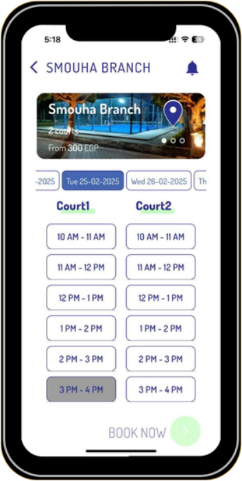 Booking module — branch, date and court time-slot selection